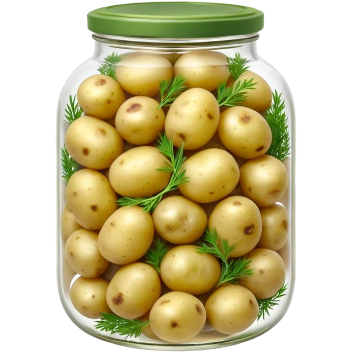 A round jar of small pickled potatoes with sprigs of dill floating inside.









 emoji