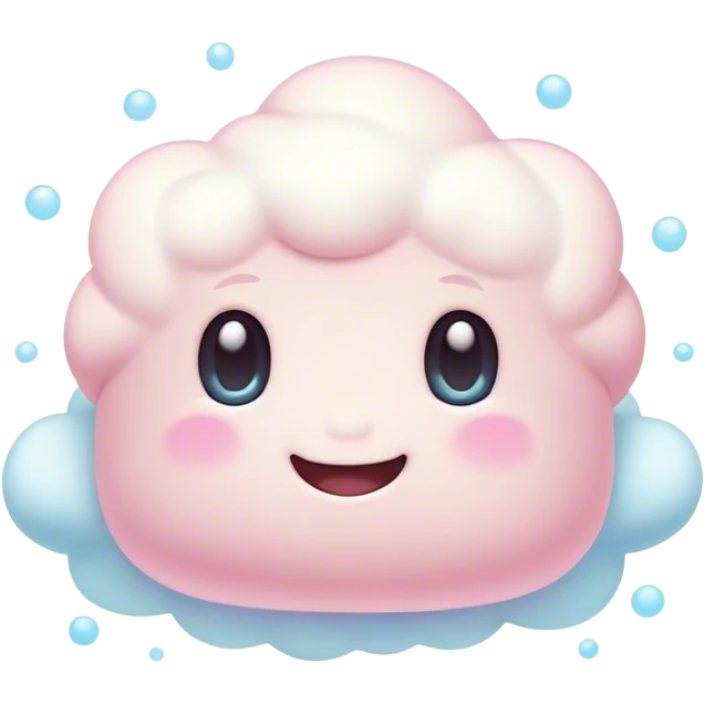 Cinematic fluffy pastel marshmallow character, soft round edges, tiny sparkly eyes, a small happy smile, glowing warmly, floating in a dreamy soft sky. emoji