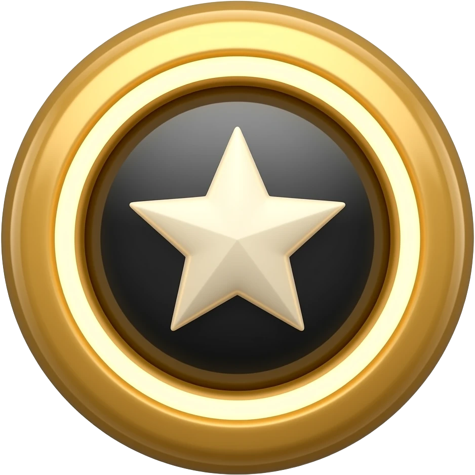 Glossy 3D golden circular badge with a glowing ring, dark center, and a soft cream five-pointed star in the middle, minimal, shiny, high contrast on black background. emoji