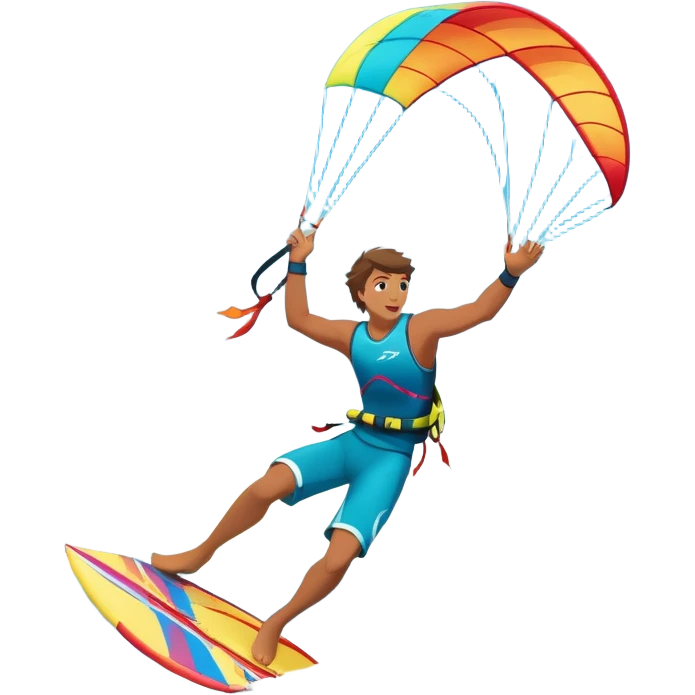 A kite surfer soaring above the waves, holding onto a kite with the wind in full force. The background showcases the ocean and sky, emphasizing the freedom, thrill, and energy of the sport. The motion of the kite and board is dynamic, capturing the excitement of kiting. emoji