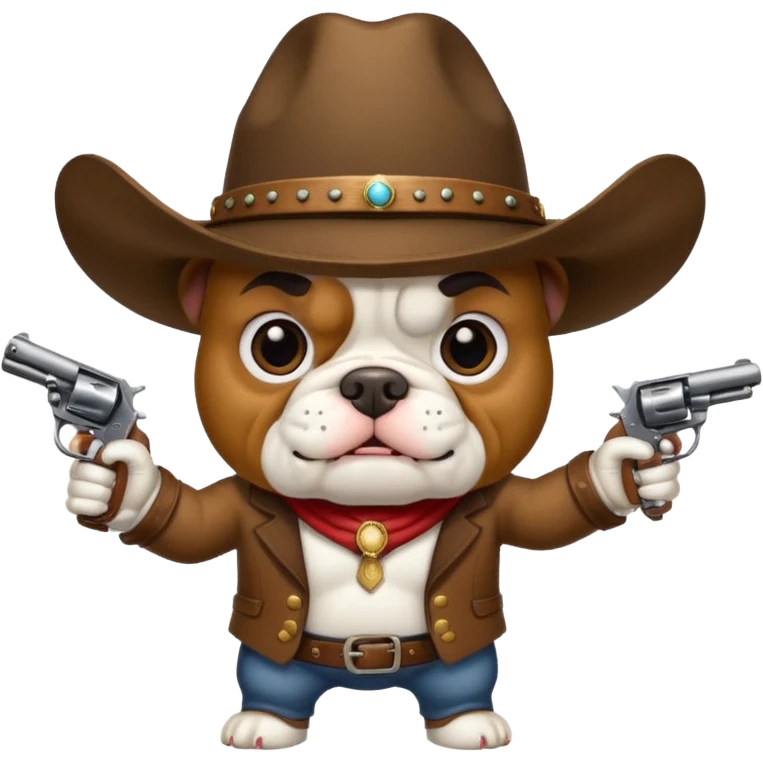 A bulldog wearing a cowboy hat pointing a revolver at you and telling you to hand over your money. emoji