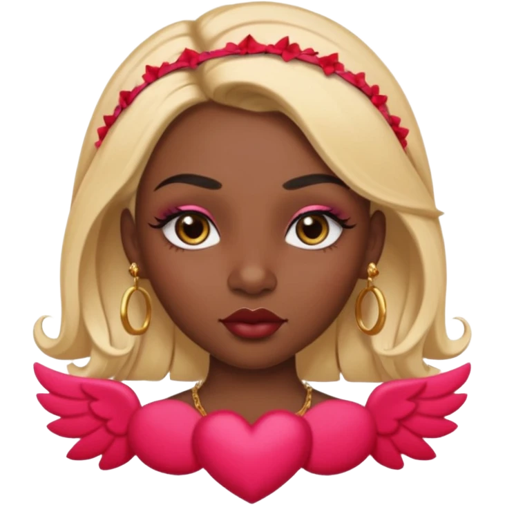 darkskin female with eyebrows that are naturally shaped and frame eyes well, eyes that are almond-shaped with defined lashes. nd lips are full with a defined cupid’s bow, add also a septum piercing that adds an edgy, stylish flair. a middle-part, honey blonde bust-down with laid baby hairs emoji