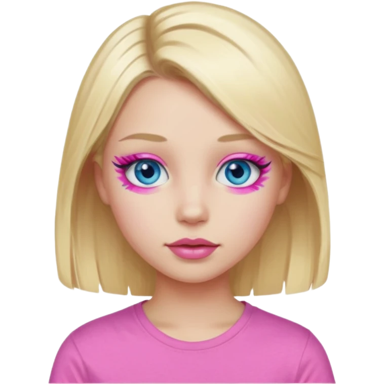 girl with blue eyes blonde in a pink t-shirt with pink lips painted eyelashes and soft facial features emoji