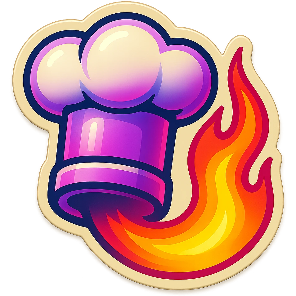 chef's hat with a trail of fire emoji, playful, synthwave colors, vibrant, matching style reference file
 emoji