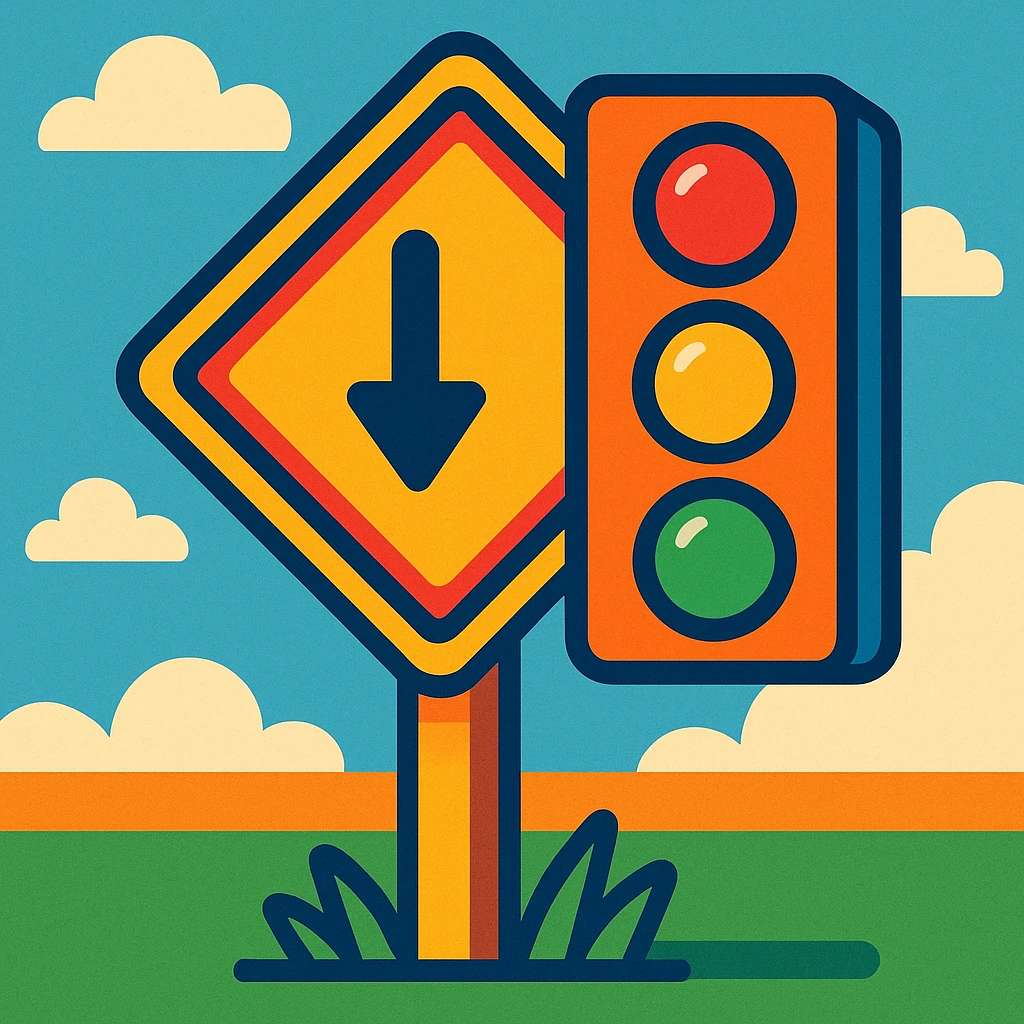 colorful road sign with a traffic light, cartoon style emoji