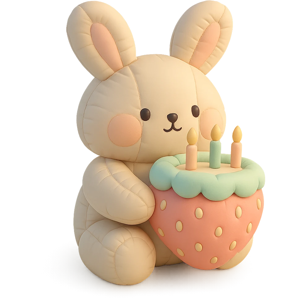 cute bunny holding a big strawberry birthday cake with candles, pastel colors emoji