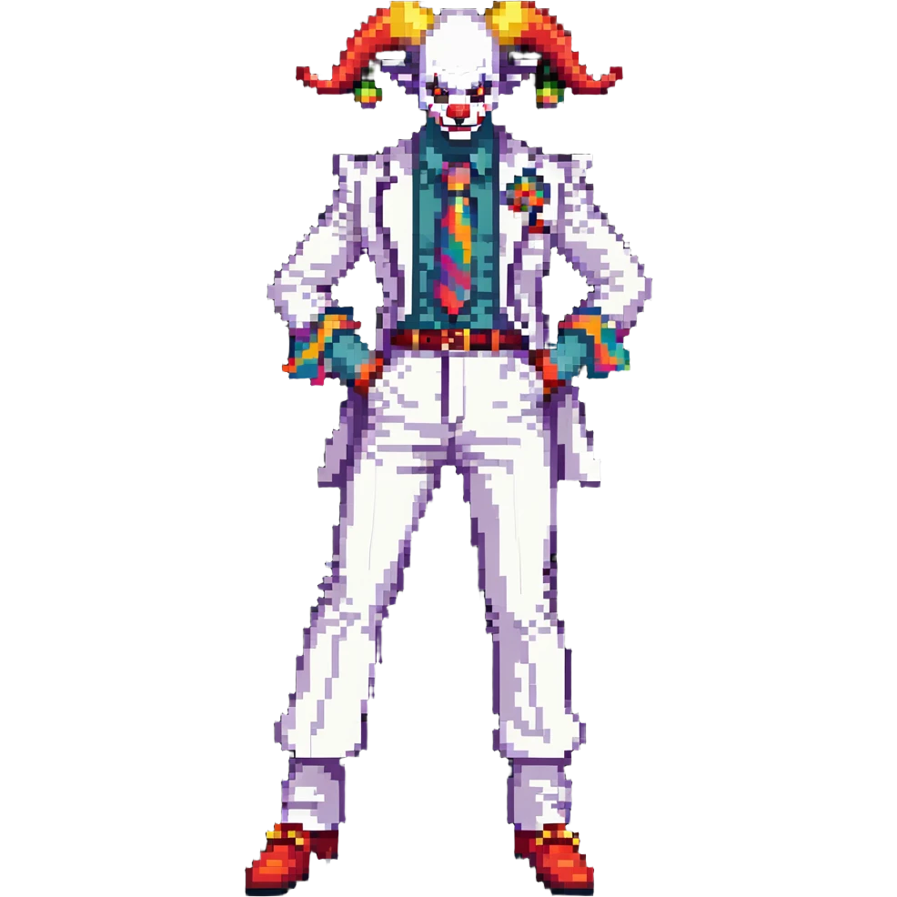 full-body demonic clown in a white leisure suit with bellbottom pants, bald, black ram horns, flashy belt, ruffled shirt, colorful tie, no elevator shoes emoji