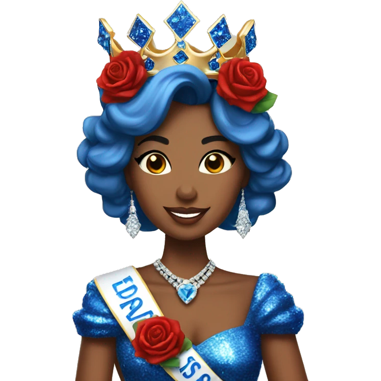 Miss Massachusetts wearing a crown and blue sparkly dress holding red roses emoji