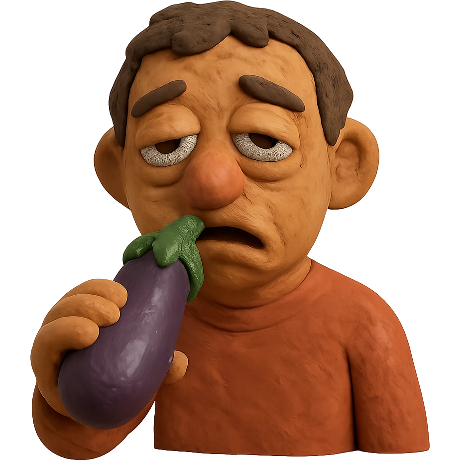 claymation style tired face holding eggplant to mouth emoji