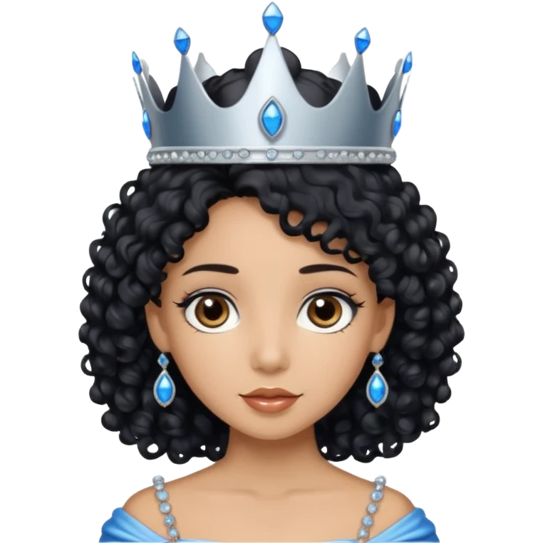 Por favor hazme el emoji de la princesa pero con piel canela con el pelo negro y rizado, los ojos marrones y la corona plateada con jollas azules emoji