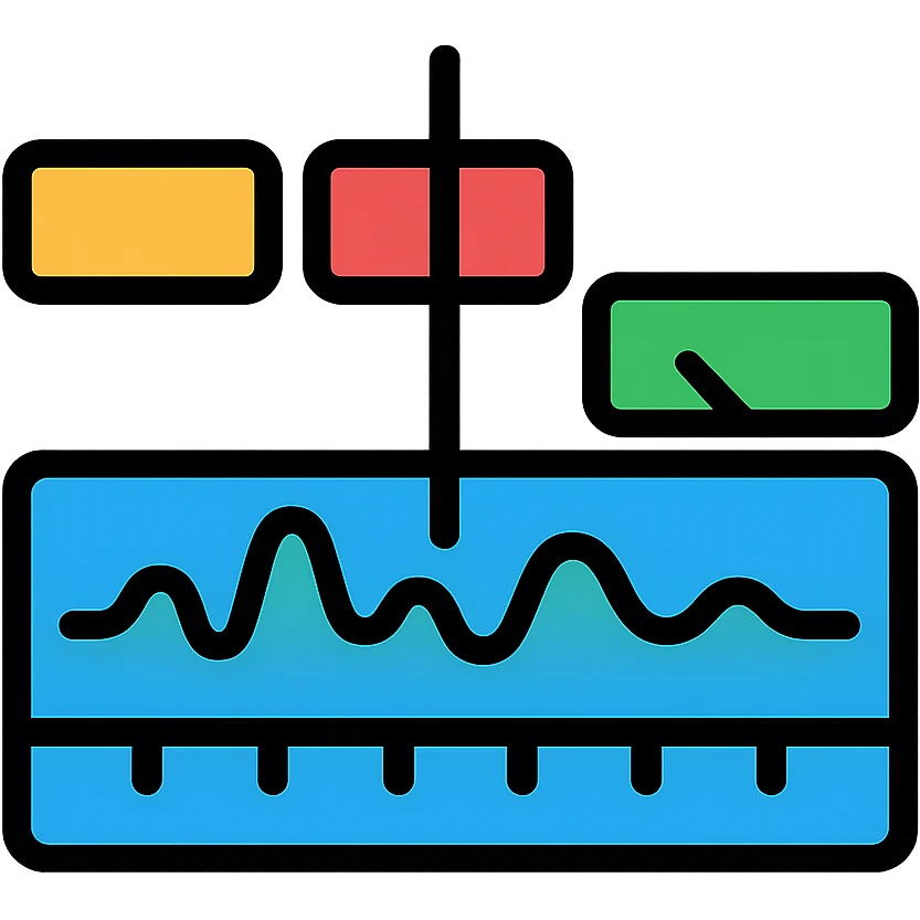 Video editing timeline with colored clips, waveform, time markers and scrubbing playhead emoji