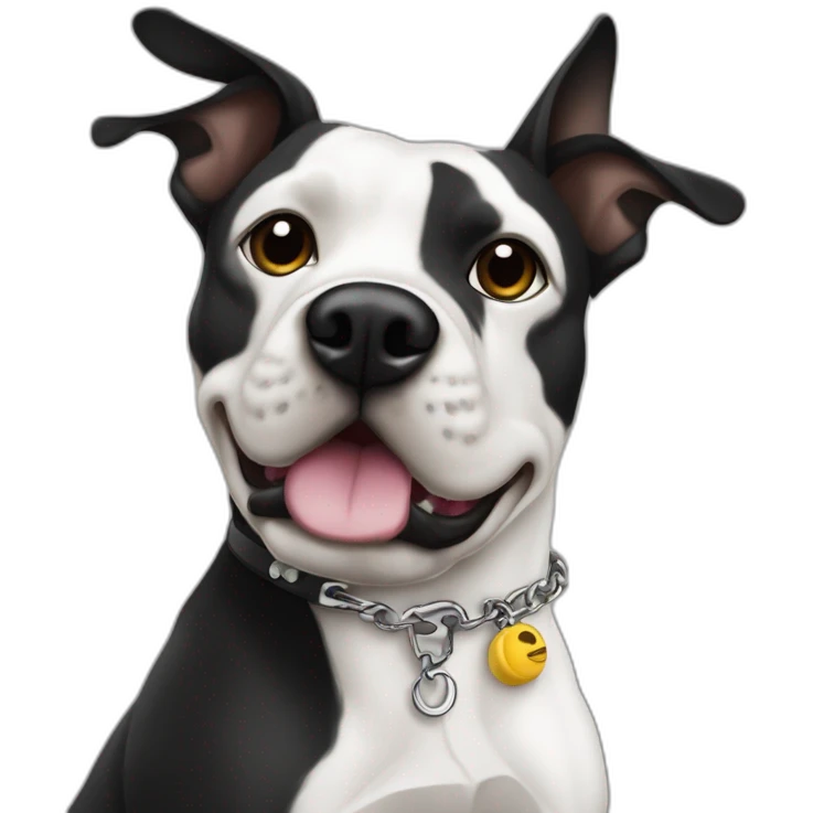 Un staffi noir et blanc avec des tache de brunger sur c'est patte arrière avec un collier ver se nomment ugette emoji