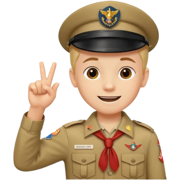 smiling boy scout in uniform giving a three-finger salute emoji