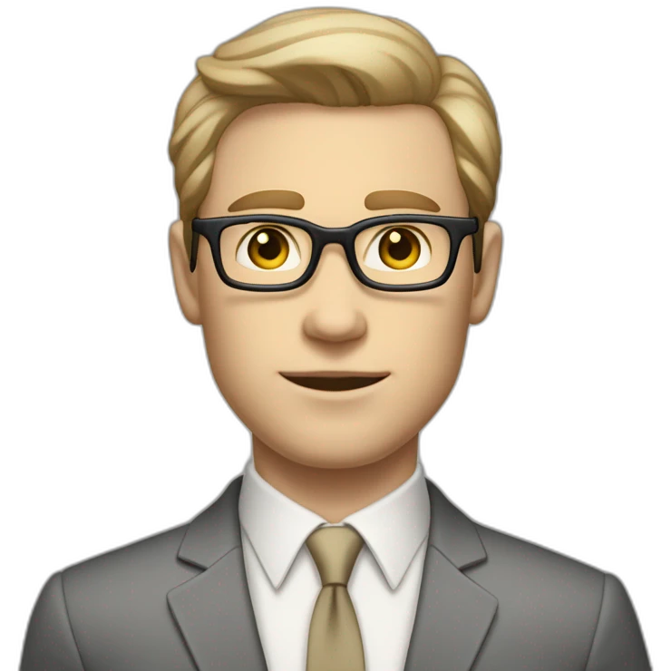 Full height Pale skinned Fit Man With dark brown hair in classic gray suit, beige office shirt, dark gray tie, and vintage glasses. His hands lock emoji