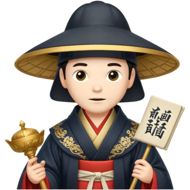 Samurai lord, Elegant noble in long robes with tall hat, holding a scroll of orders. emoji