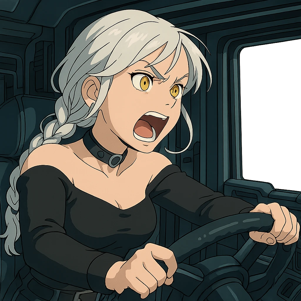 she is driving a 16 wheel truck inside the cab, yelling, turning the weel sharply, a closeup portrait of young woman with gold yellow eyes, white hair, long braid, black off-shoulder top d-cup, punk gothic style, futuristic cyberwave cyberpunk, emoji