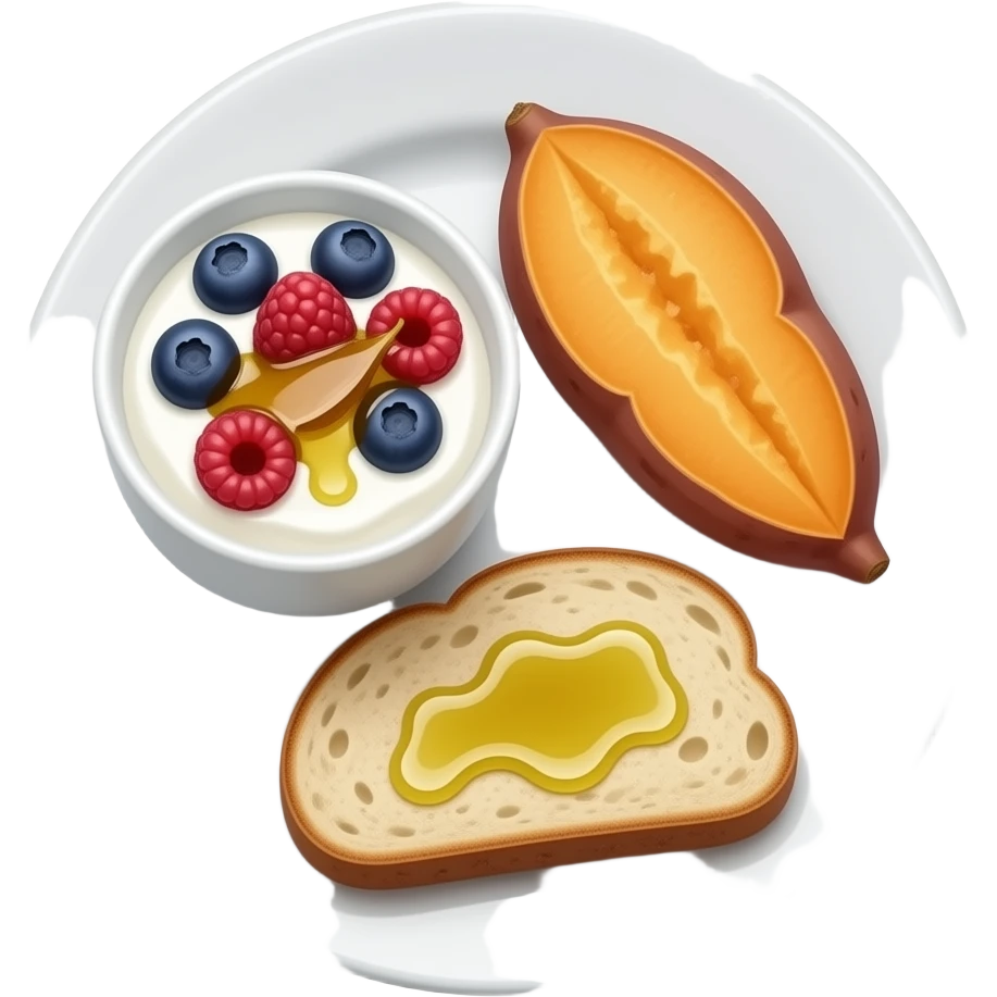 Realistic Plate with greek yogurt bowl topped with blueberries raspberries and maple syrup and sourdough slice topped with a lot of olive oil and a sweet potato on the side HD emoji