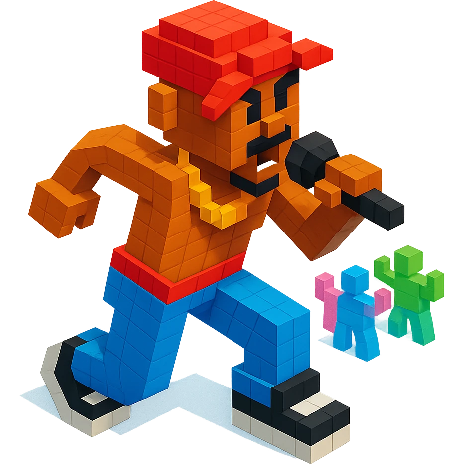 Lego version of 2Pac in a rap battle scene, dynamic pose, microphone in hand, crowd in background emoji