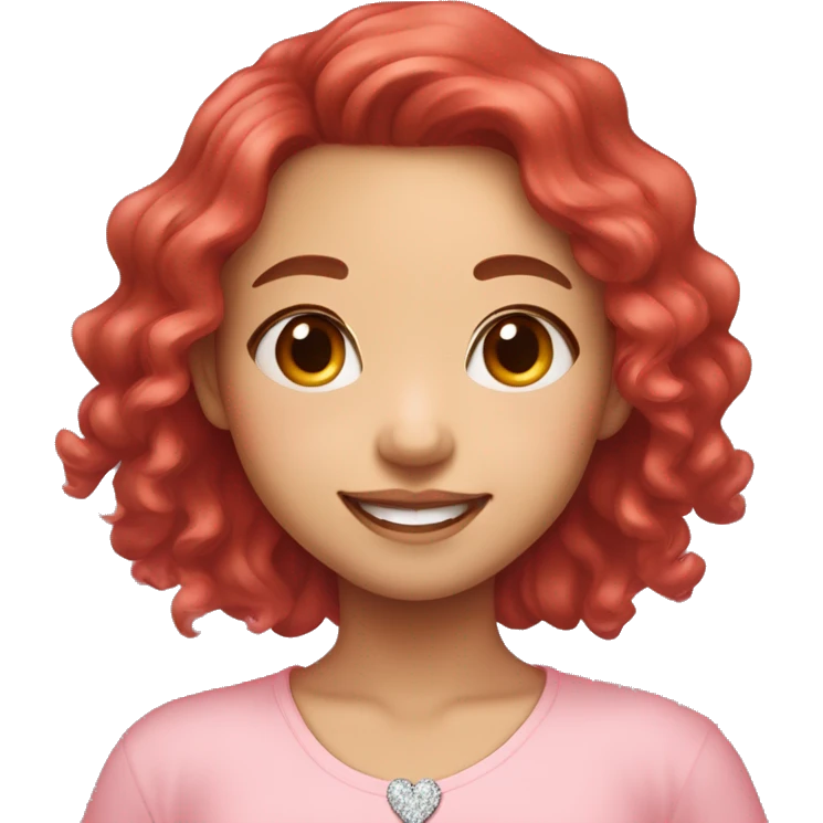 Asian girl, bright smile, red long hair and a little bit curly, pretty bright skin, wearing diamond bud earrings, a heart shape necklace and pink pastel shirt  emoji