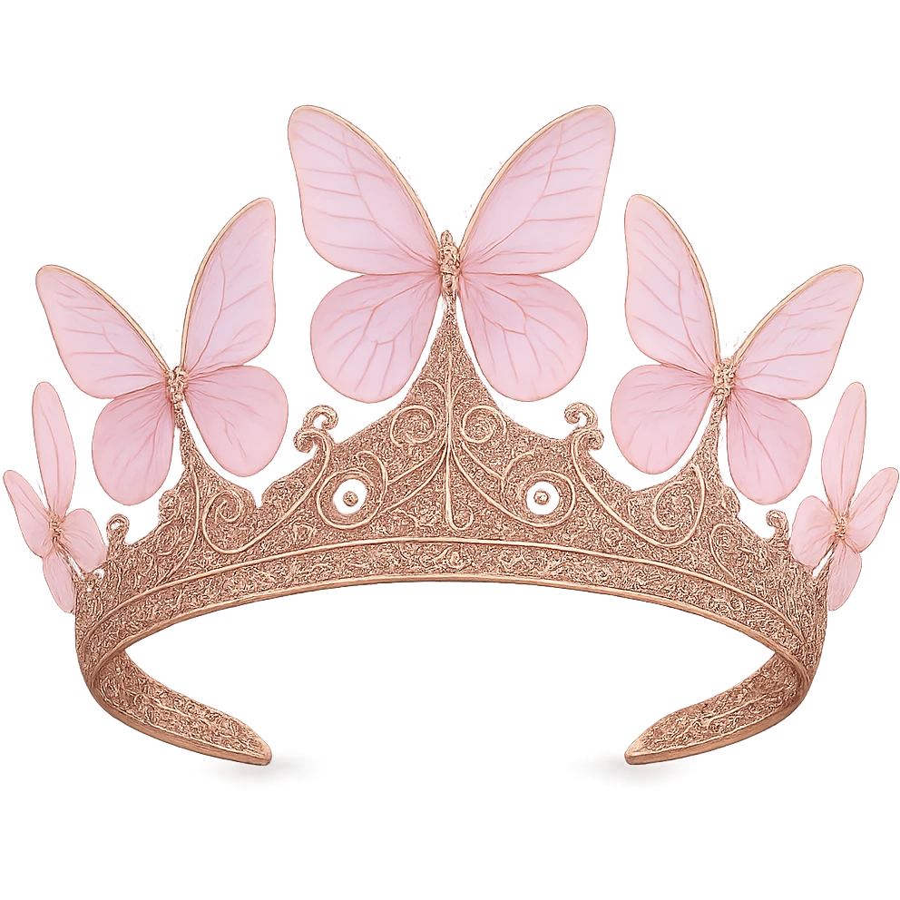 Edit the butterfly crown to use pink metal, intricate filigree, and translucent pastel pink butterfly wings. Keep the background transparent. emoji
