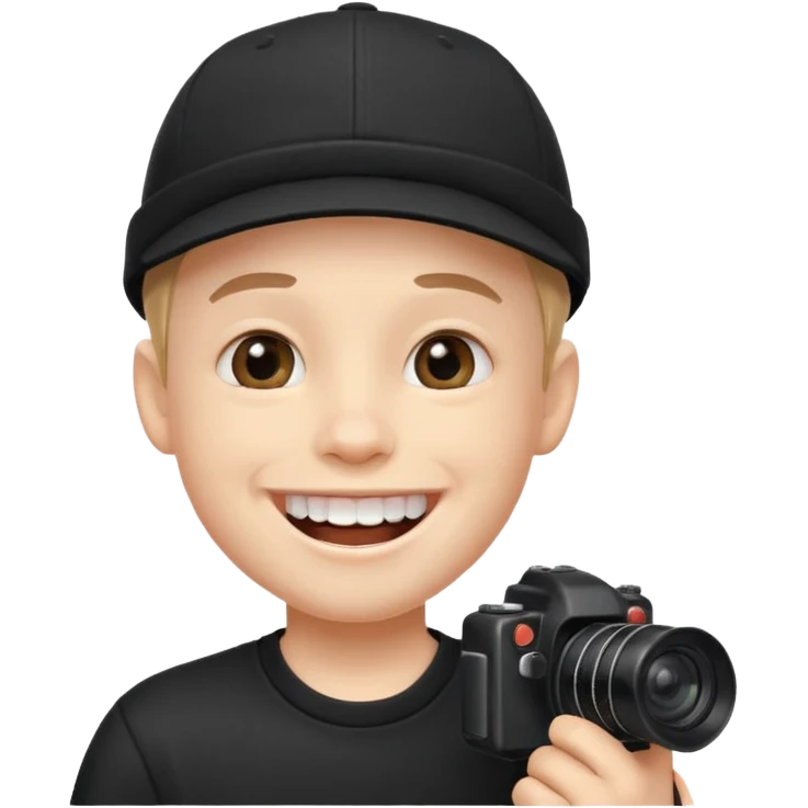 cheerful boy in black cap showing big front teeth holding a camera emoji