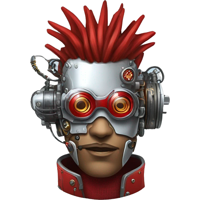 cyborg head with Silver mohawk, red steampunk goggles, red goatee and circuits emoji