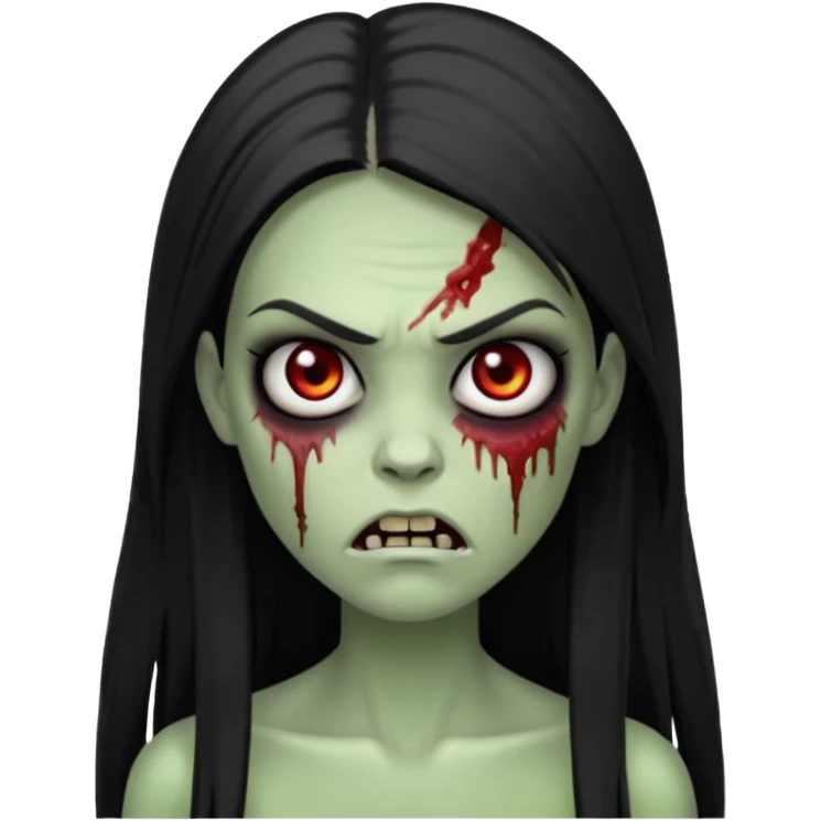 девушка зомби с темными длинными прямыми волосами, с черными макияжем глаз, тонкими бровями, со злым выражением лица в стиле Apple avatar emoji