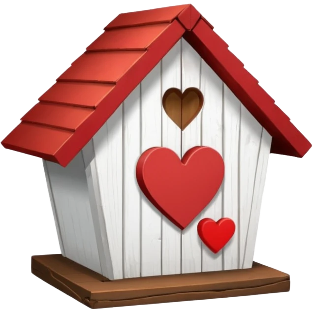 a birdhouse with a normal circular hole and a red roof with the rest white and a heart at the top but below the roof emoji