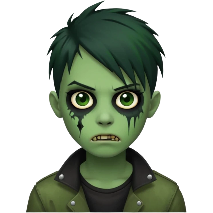  emo zombie black punk hair green skin middle part with cuts on face and closed mouth emoji