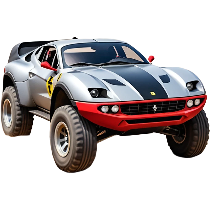 Satan’s and Vader (post race) Ferrari -colored Dirty and dented Local Motors Rally Fighter off road race car hot rod trophy truck-style basher flying on a dusty road (silver wheels) emoji