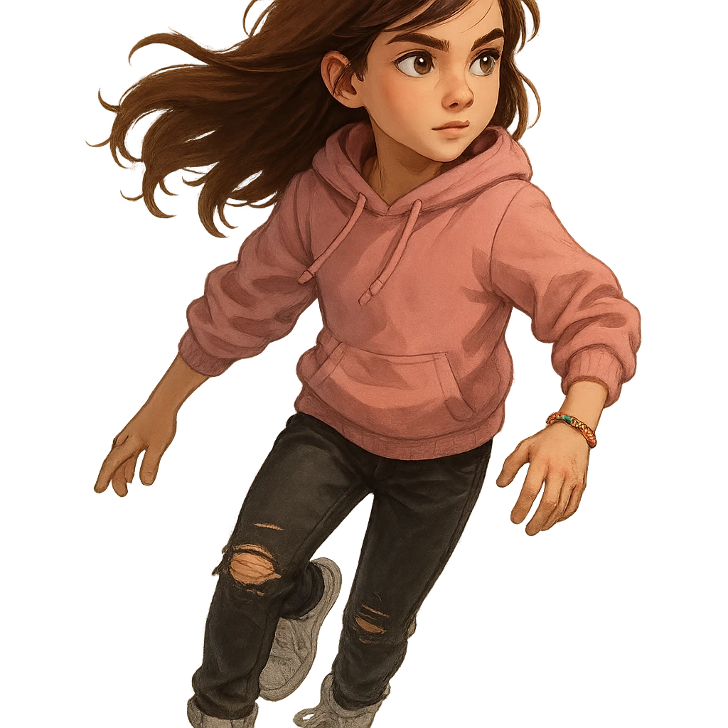short agile 13-year-old girl with flowing chestnut brown hair, hazel eyes with gold flecks, soft pink hoodie, black ripped jeans, white high-top sneakers, beaded friendship bracelet, brave curious look emoji