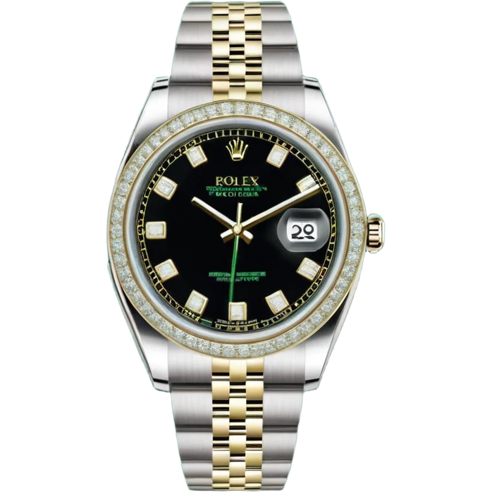 A imagem mostra um Rolex Datejust "Iced Out", totalmente coberto por diamantes na caixa, luneta e pulseira Jubilee. O mostrador também é cravejado (estilo pavé), apresentando algarismos romanos pretos e a lente de data Cyclops. O relógio é exibido em sua caixa oficial verde e bege. emoji