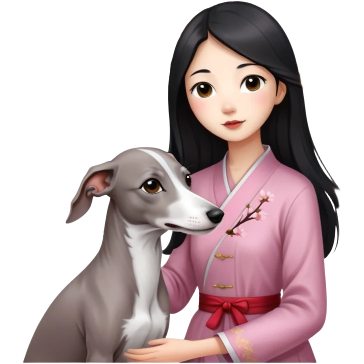 A young Chinese girl with long black hair and a pure grey Italian Greyhound with no white markings sitting under a cherry blossom tree emoji
