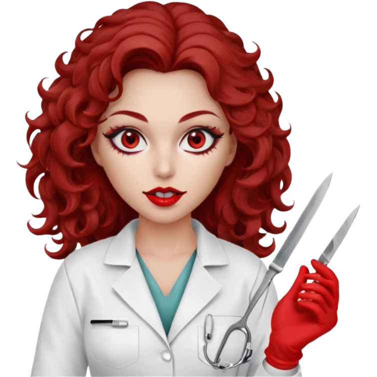 Scary woman scalpel in hand, evil surgeon sexy surgeon clothes.  She has red eyes. Her  brown long curly hair. Wears sexy doctor outfit with red gloves. make her hair free and brown but she  wear mouth cover   to hide. Wears white surgeon jacket and emoji