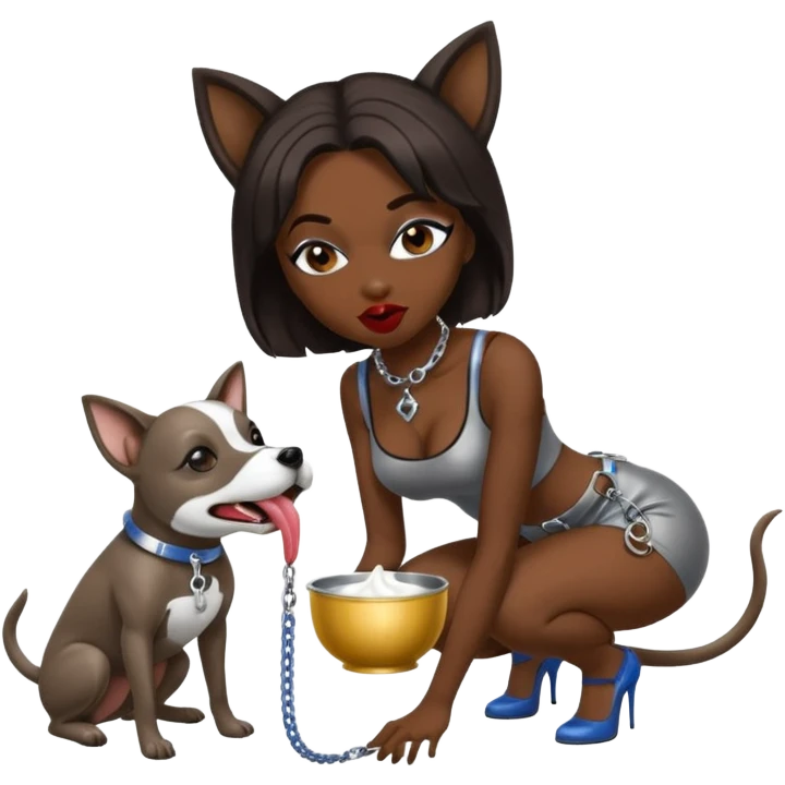 Dark Women licking her tongue from sliver milk bowl with only leash on neck, on on all fours, her head is bent down to sliver dog bowl she wears only a dog BDSM mask  emoji