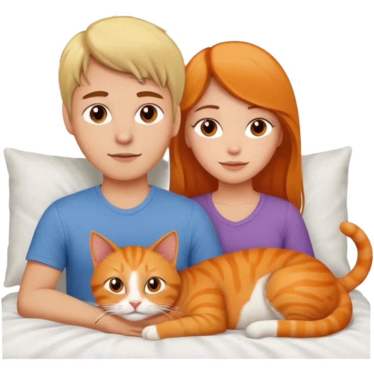 Girl with brown hair and guy with blonde in bed with an Orange cat emoji