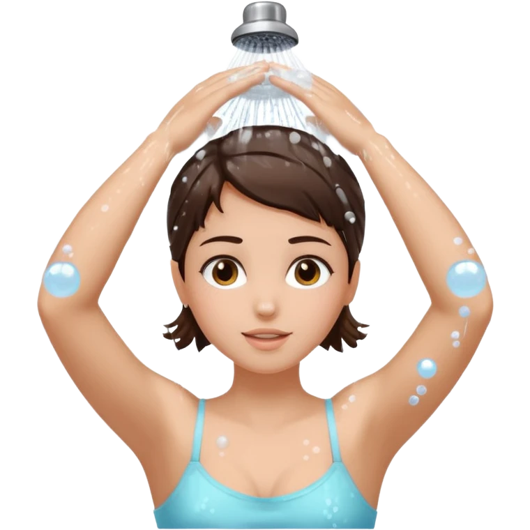 brunette girl hair up arms up hands on head shower washing hair soapy bubbles emoji