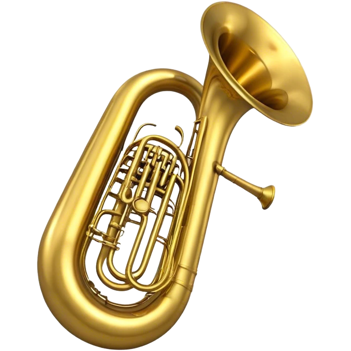 Create a large and bold emoji representing a tuba. The design should feature the tuba’s iconic, large, curved brass body, with its wide bell and tubing wrapping around. Highlight the visible valves and their metal buttons, showcasing the characteristic structure of the instrument. The brass finish should be shiny, with golden tones and subtle reflective light effects to highlight its polished surface. Add soft musical notes or soundwaves emanating from the bell to evoke the deep, resonant sound of the tuba. The background should be transparent. emoji