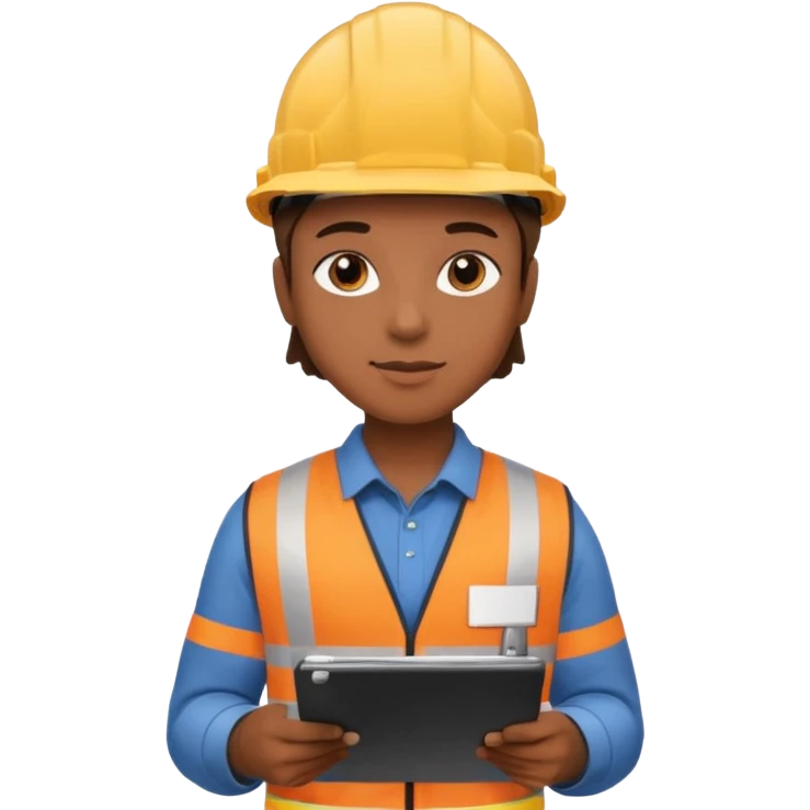 Person mit Schutzhelm und Checkliste in der Hand, umgeben von Lagerregalen emoji
