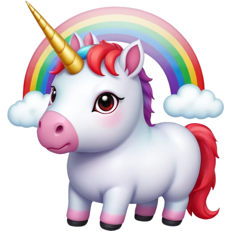 Small chubby unicorn in colour jade, black and red eyes, faring rainbow emoji