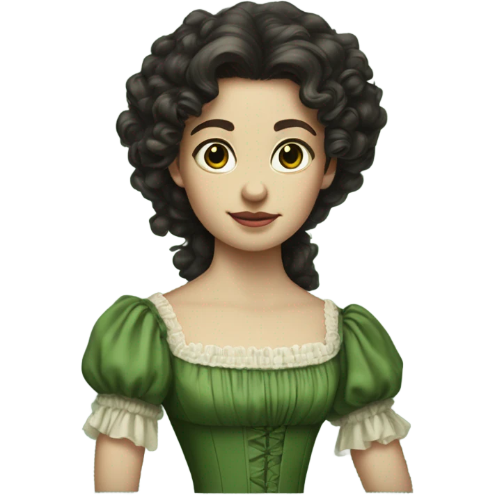 Long dark curly hair, wearing a green dress from the 1800’s, pale skin emoji