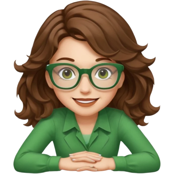 brown wavy hair and green square glasses white woman crouching emoji