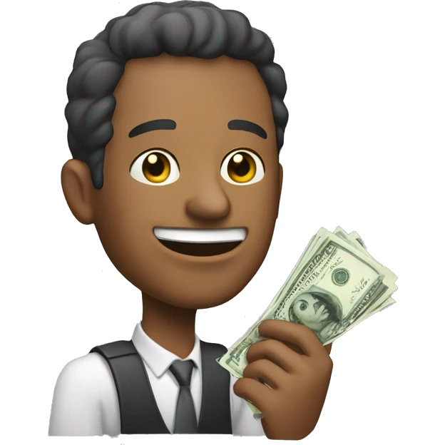HEAD OF A MAN who looks happy, in his hand he holds money that he is wanting to offer for a sale purchase emoji