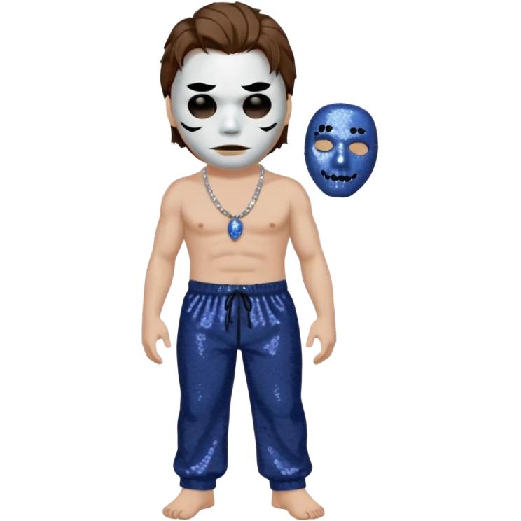 Michael Myers with white mask with brown hair, indigo sequin baggy pants, shirtless with necklace emoji