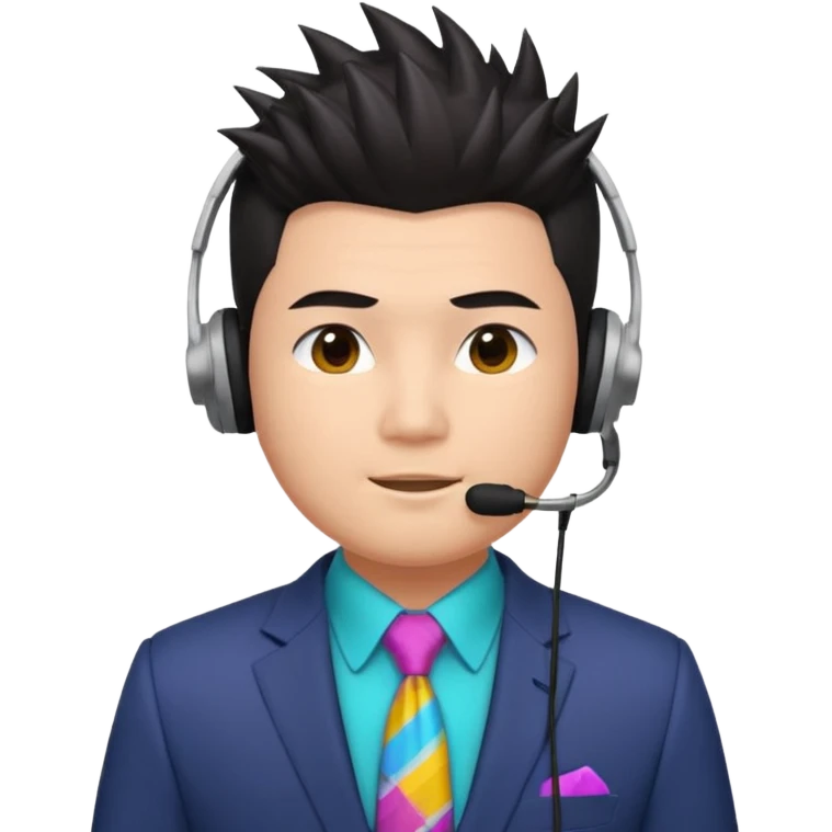 asian man headset suit face only spikey hair in front dark hair gay shirt chubbier face emoji