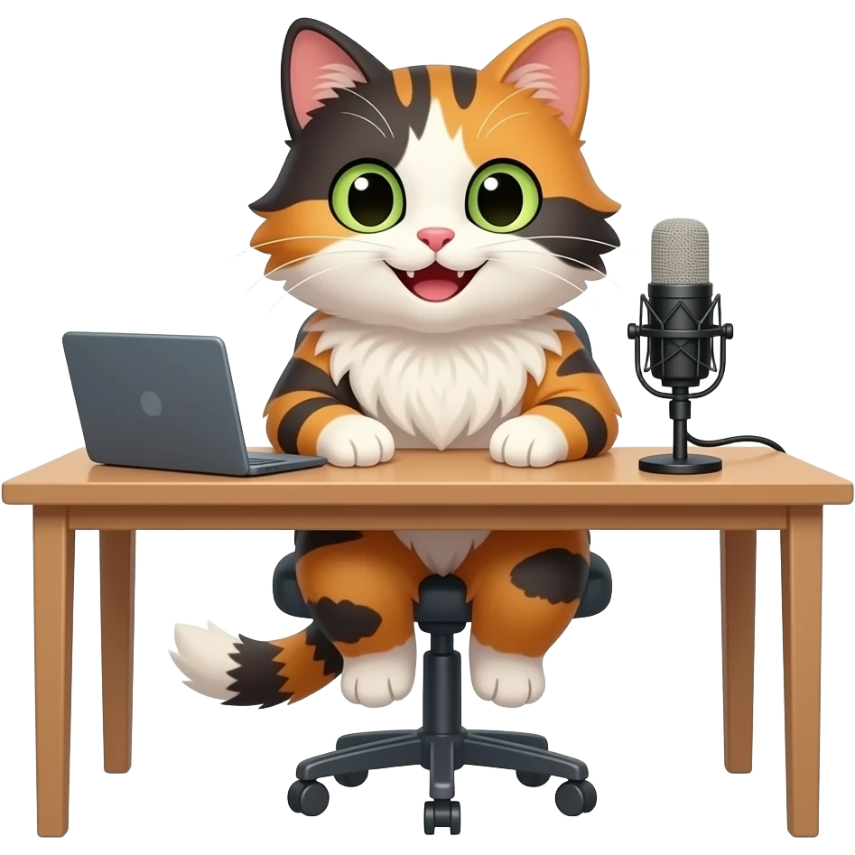 smiling extremely long-haired calico cat podcaster at desk emoji