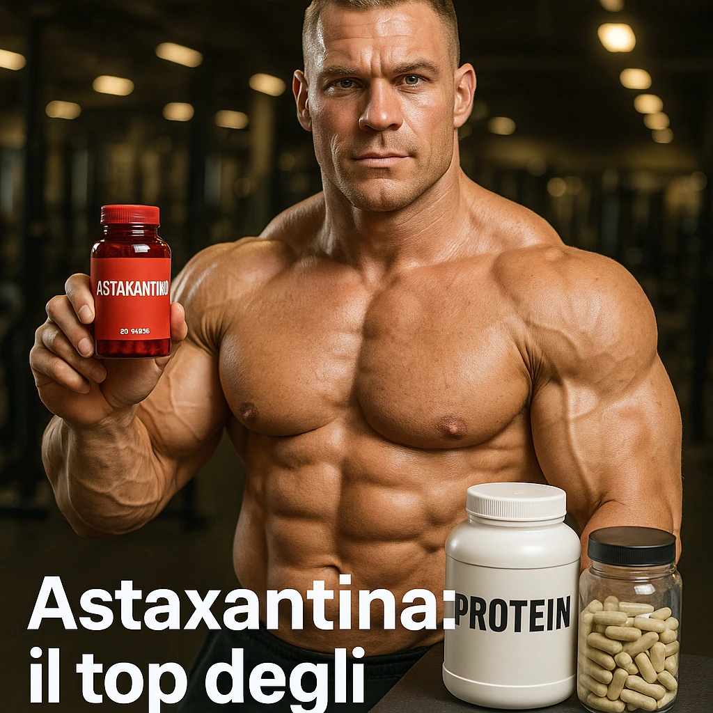 hyper realistic bodybuilder showing red bottle of astaxanthin next to supplements, defined muscles, text 'Astaxantina: il top degli antiossidanti', gym environment, motivational atmosphere emoji