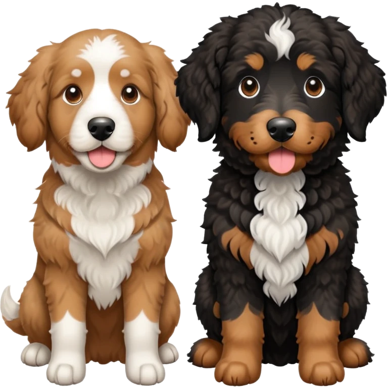 2 dogs, one is a light brown Aussie doodle. the other is a black Berenedoodle with white eyebrows . Make both same size emoji