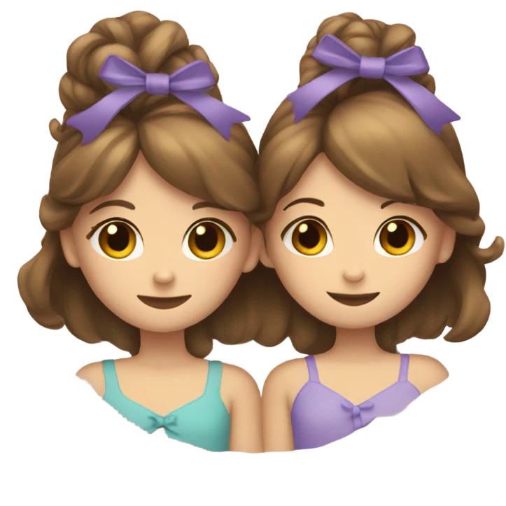 two girls hugging with bows if their hair, brown hair  emoji