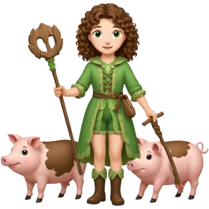 happy young shepard, long curly brown hair, in green magical outfit, with wooden shepard stick in hand, taking care of pigs emoji